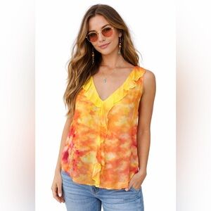 Tie Dye Ruffle Tank Top Yellow Orange Boho Hippie Chic Sleeveless Blouse
